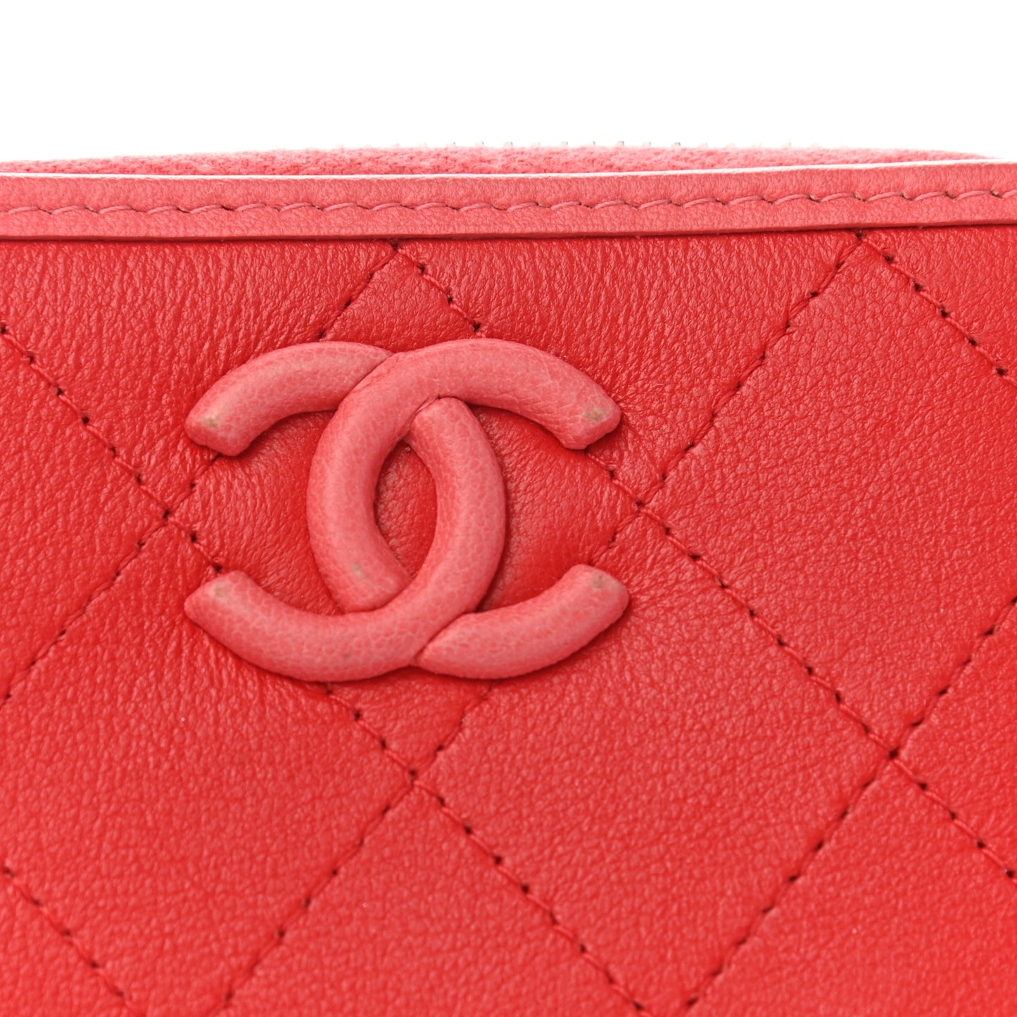 Calfskin Quilted Bi-Color Zip Coin Purse Red Pink