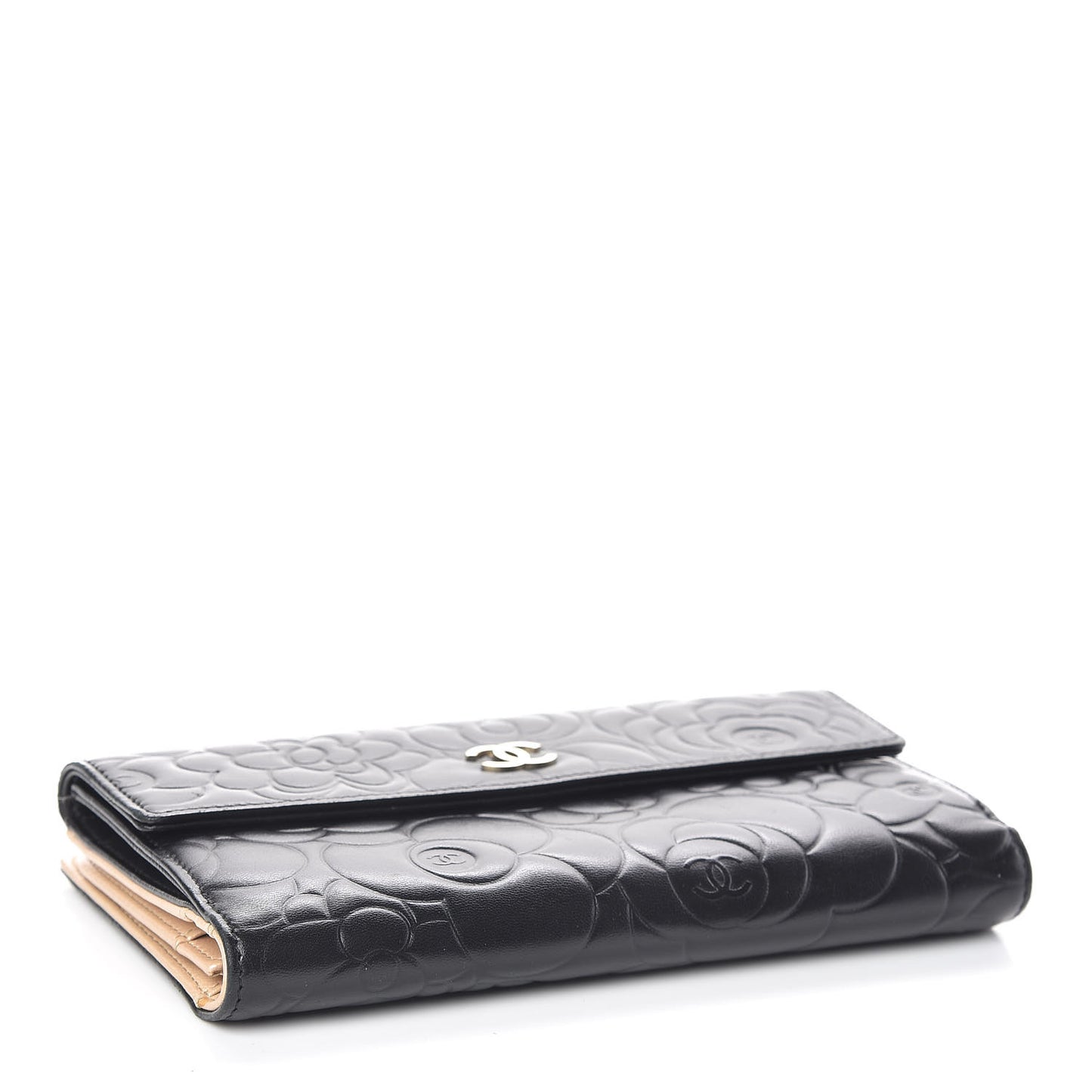 Lambskin Camellia Embossed Long Double Wallet Black