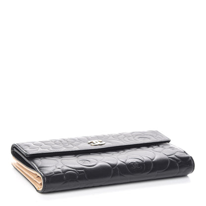 Chanel Lambskin Camellia Embossed Long Double Wallet Black 4 of 13