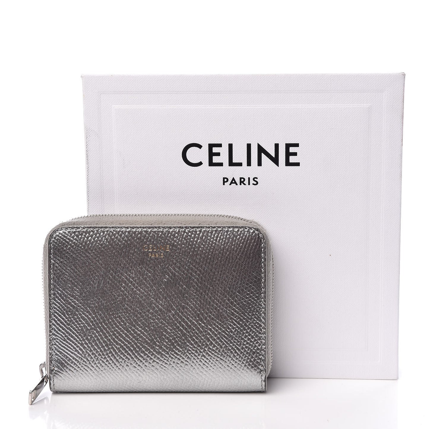 Laminated Grained Calfskin Compact Zipped Wallet Silver