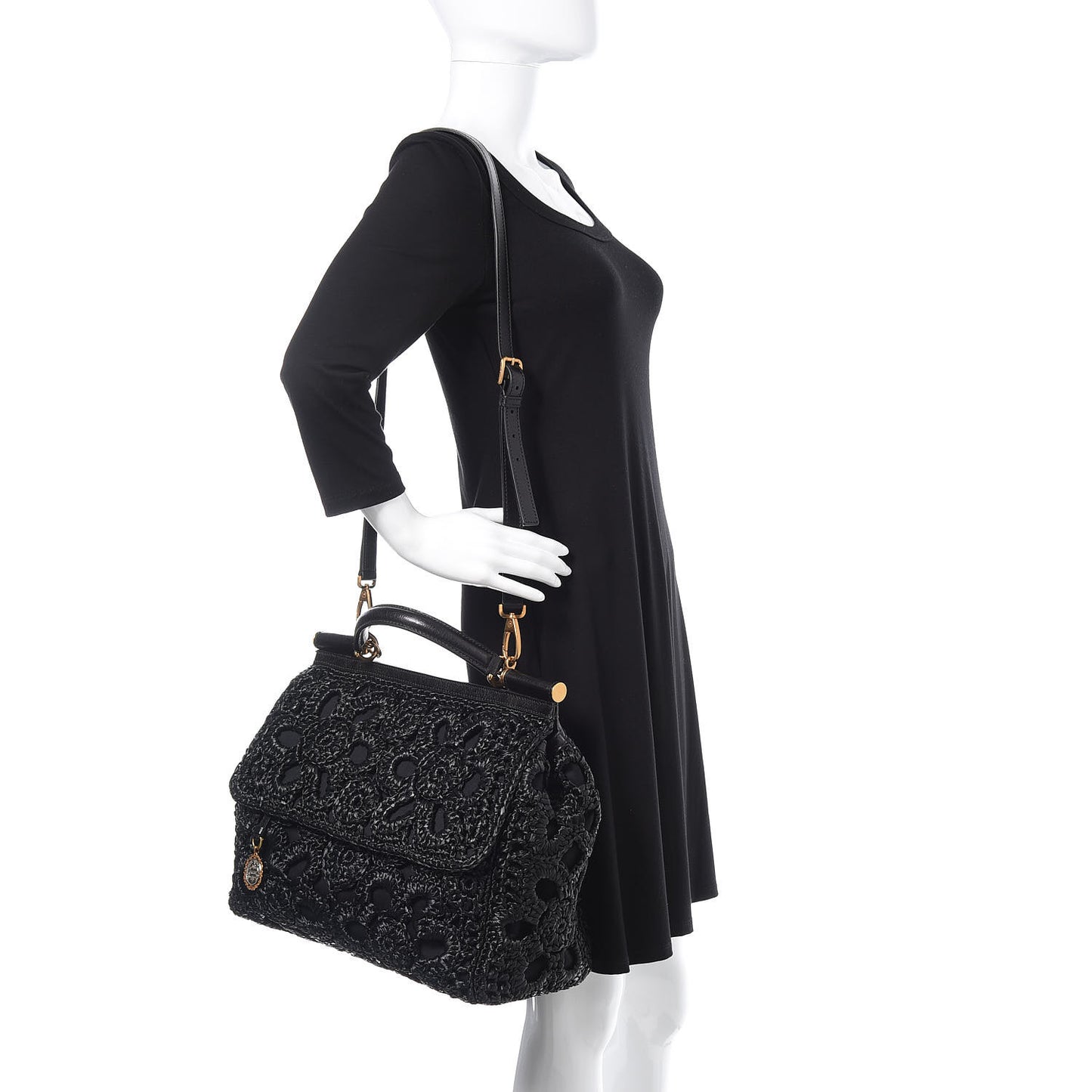 Calfskin Straw Crocheted Large Embroidered Laser Cut Miss Sicily Satchel Black