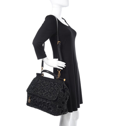 Dolce & Gabbana Calfskin Straw Crocheted Large Embroidered Laser Cut Miss Sicily Satchel Black 2 of 12