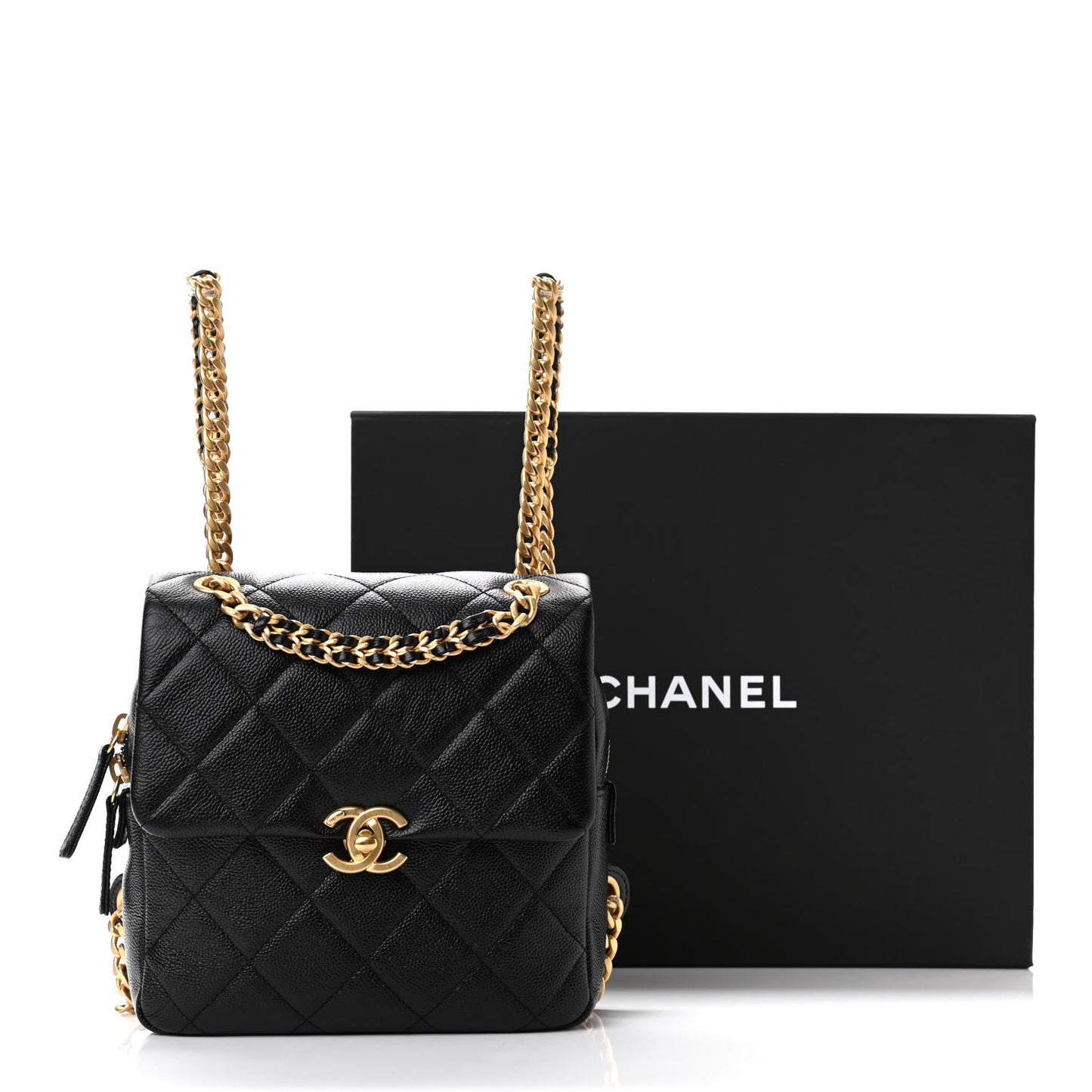 Shiny Caviar Quilted Chain Melody Backpack Black
