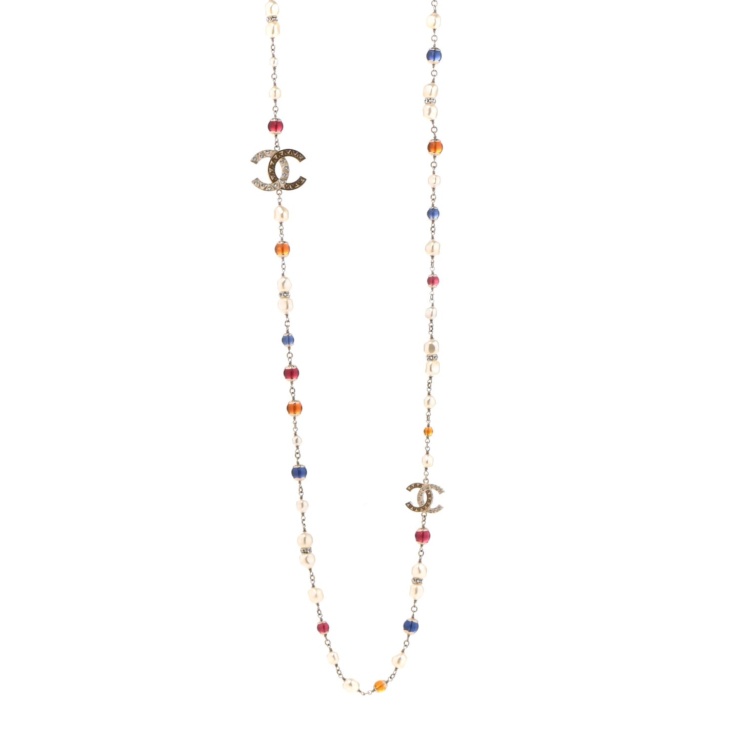 Pearl Beaded Crystal CC Long Necklace Gold Multi