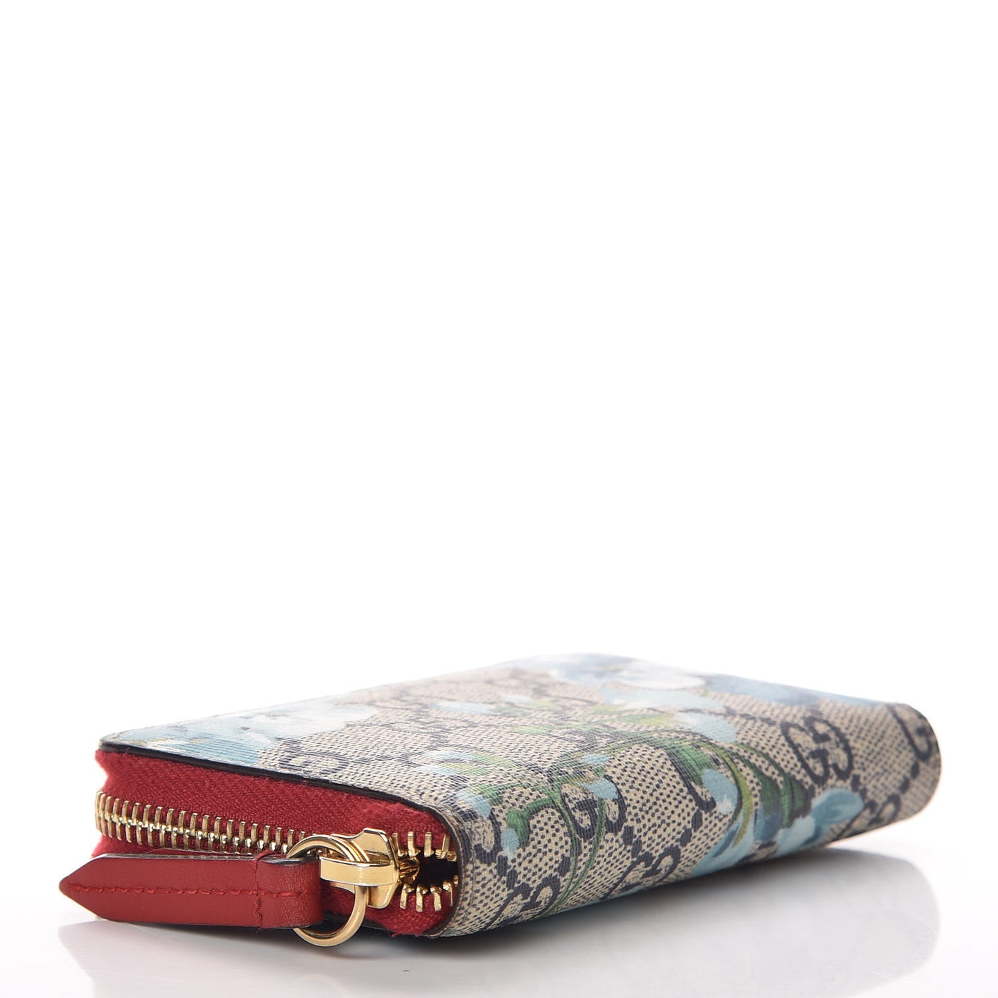 GG Supreme Monogram Blooms Zip Around Card Case Wallet Beige Blue Navy Hibiscus Red