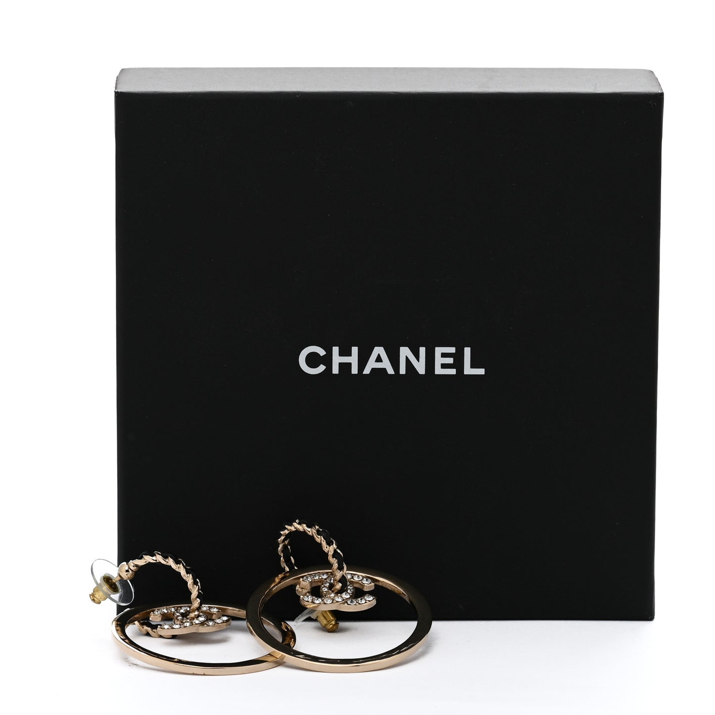 Metal Crystal Lambskin CC Chain Hoop Earrings Gold Black