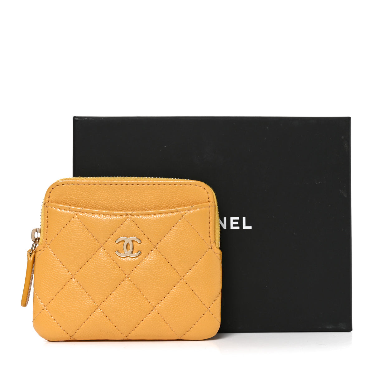 Chanel Caviar Quilted Zip Card Holder Wallet Yellow 8 of 8