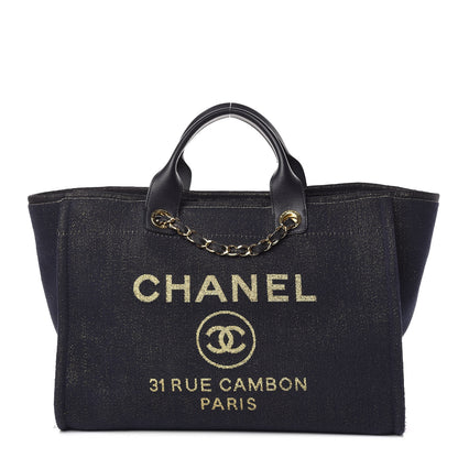 Chanel Lurex Canvas Medium Deauville Tote Navy Blue Gold 1 of 13