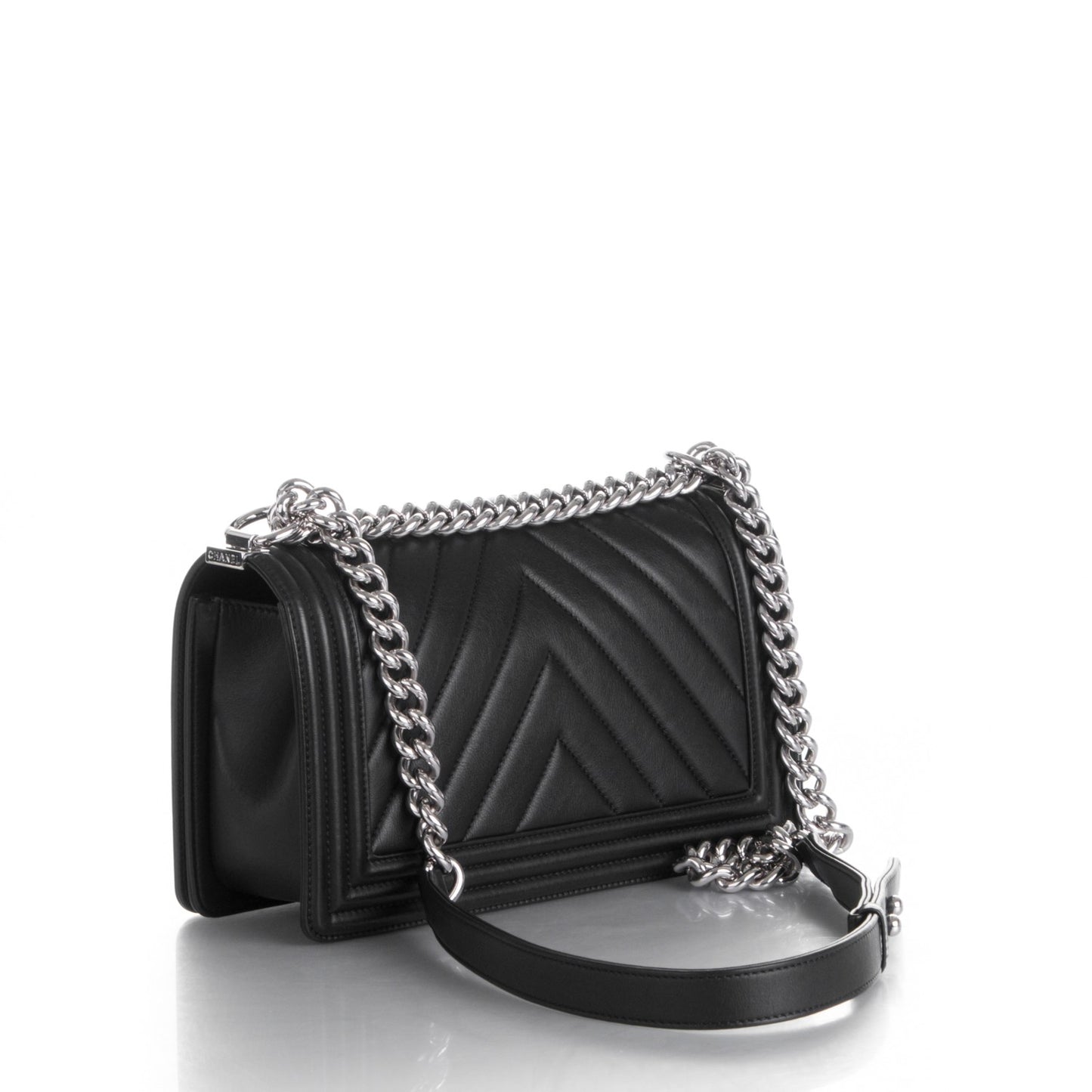Calfskin Chevron Quilted Medium Boy Flap Black