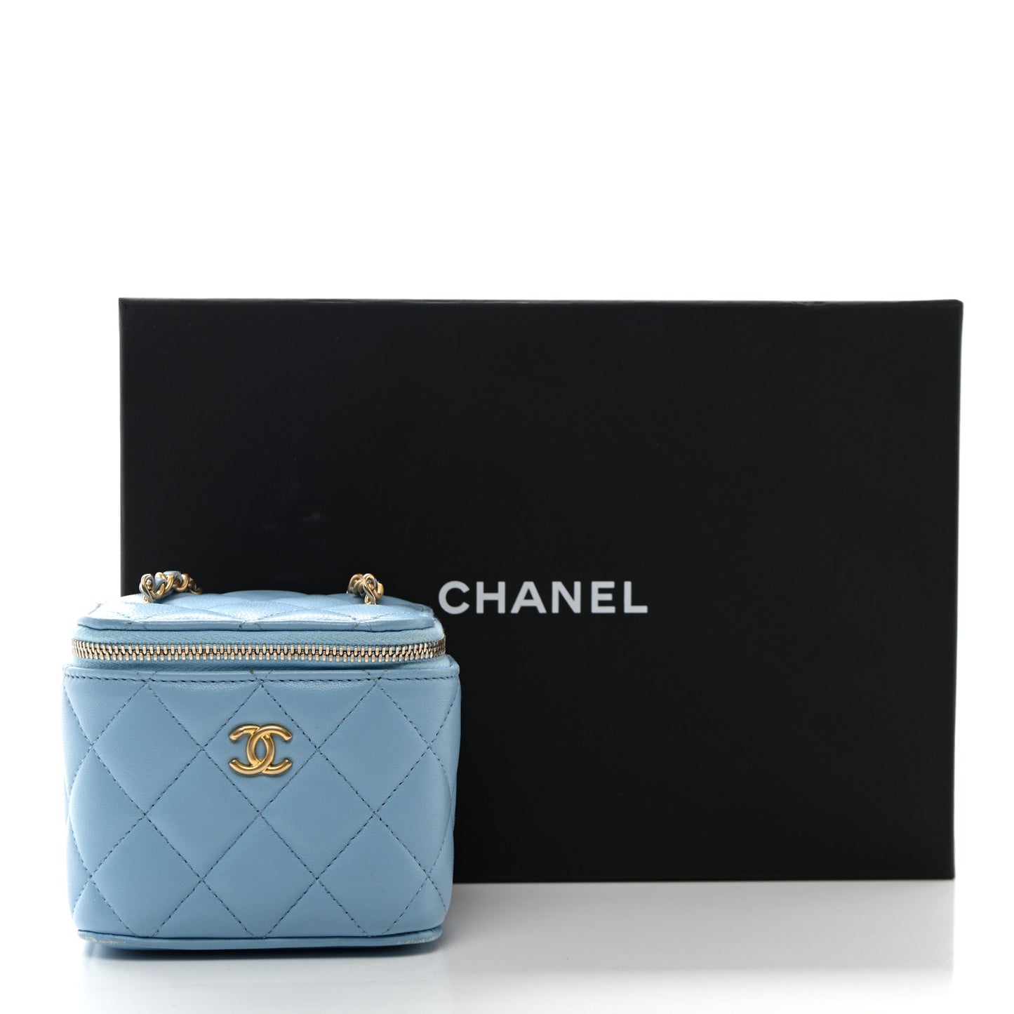 Lambskin Quilted Pearl Crush Mini Vanity Case With Chain Light Blue