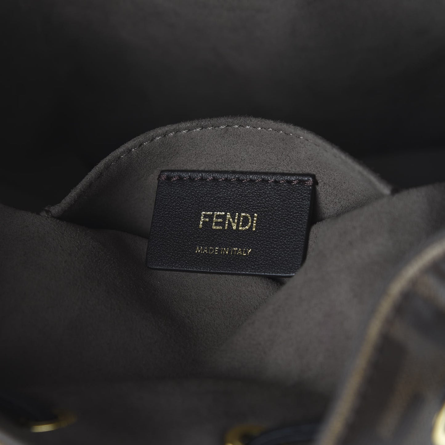 Glazed Fabric Vitello Grace F is Fendi FF 1974 Stamp Patch Grande Mon Tresor Bucket Bag Mogano Panna Black