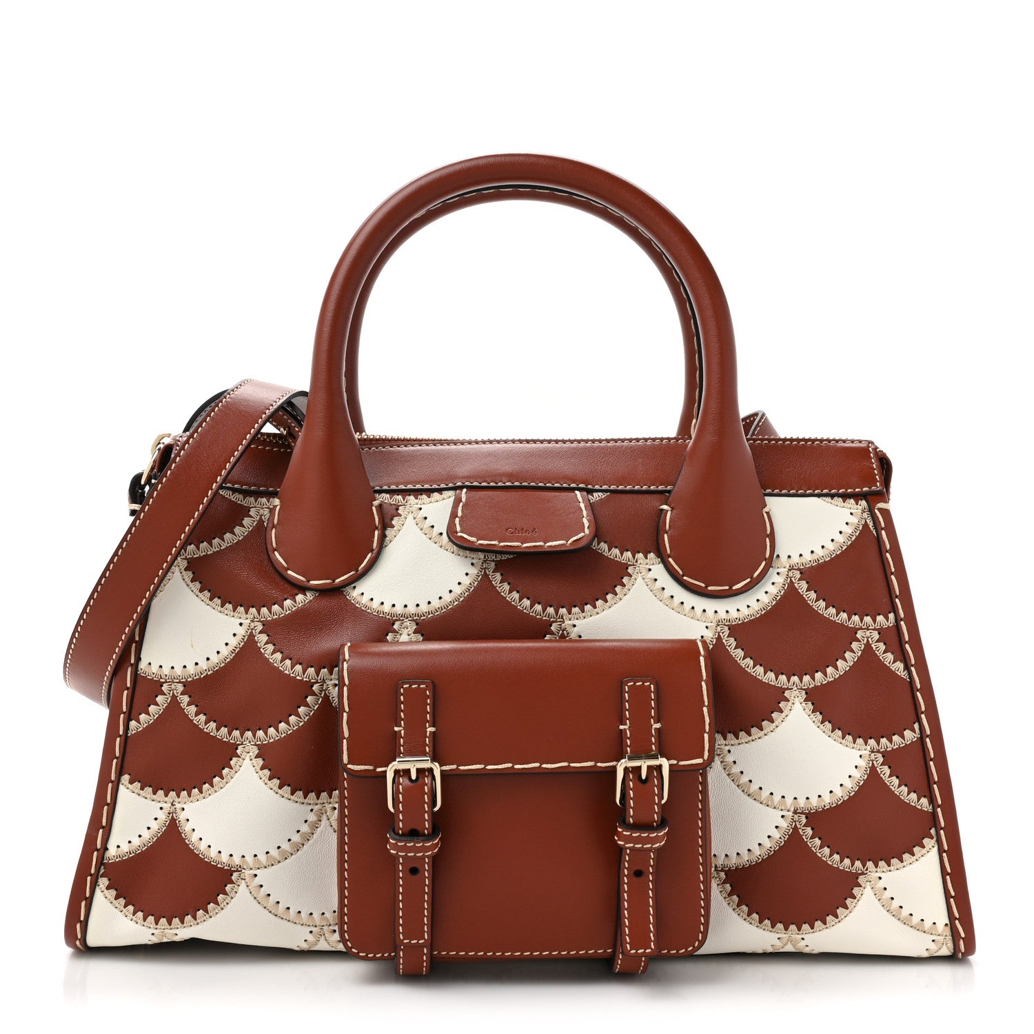 Chloe Nappa Shiny Calfskin Scallop Patchwork Medium Edith Day Bag Sepia Brown 1 of 11