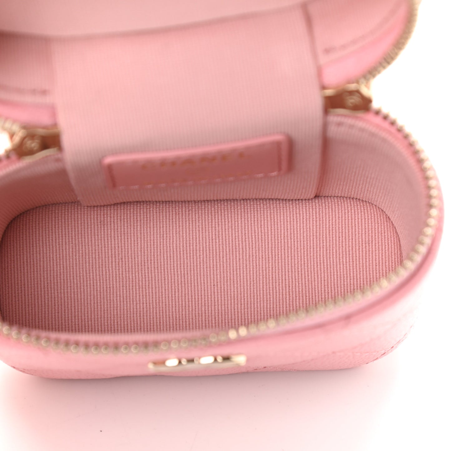 Caviar Quilted Small Handle With Care Vanity Case With Chain Pink