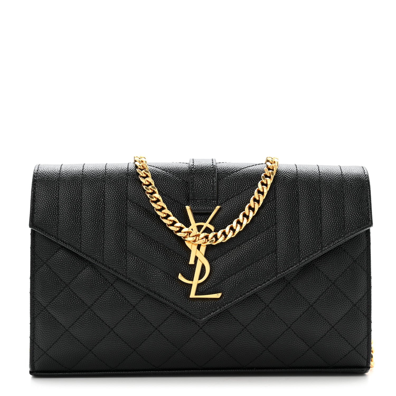 Saint Laurent Grain De Poudre Mixed Matelasse Triquilt Monogram Chain Wallet Black 1 of 13