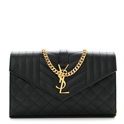 Saint Laurent Grain De Poudre Mixed Matelasse Triquilt Monogram Chain Wallet Black 1 of 13