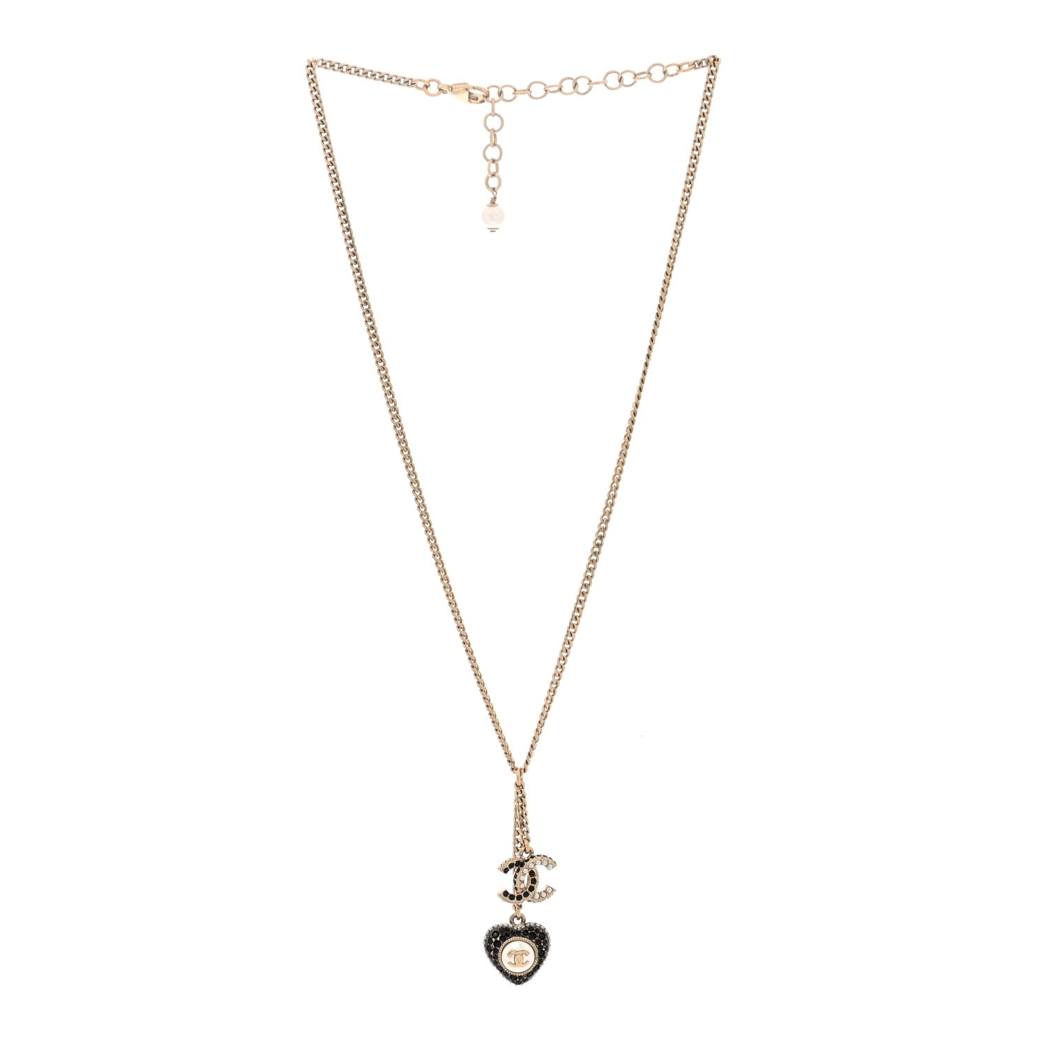 Chanel Crystal CC Heart Necklace Black Pearly White Gold 2 of 5