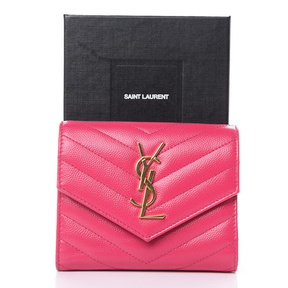 Saint Laurent Grain De Poudre Matelasse Chevron Monogram Compact Tri Fold Wallet Fuschia 7 of 7