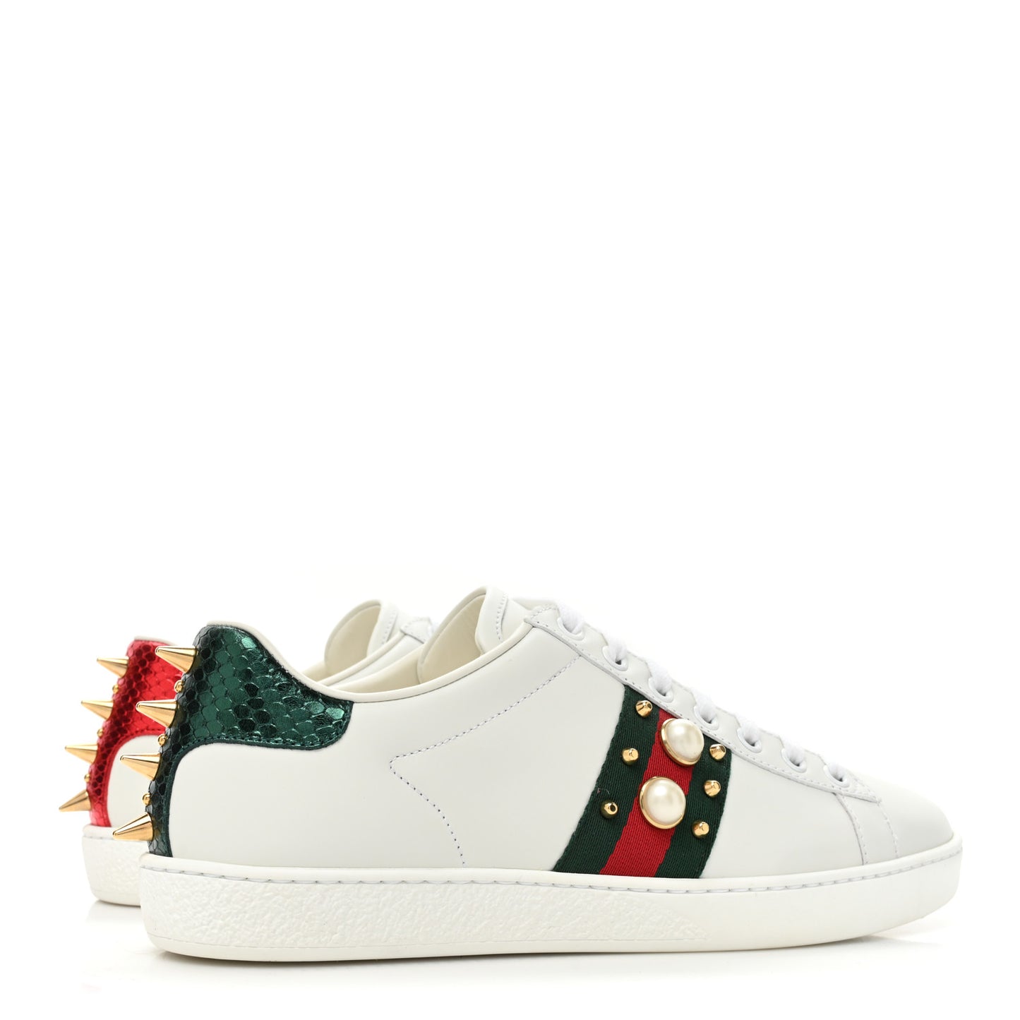 Calfskin Web Pearl Studded Womens Ace Sneakers 37.5 White