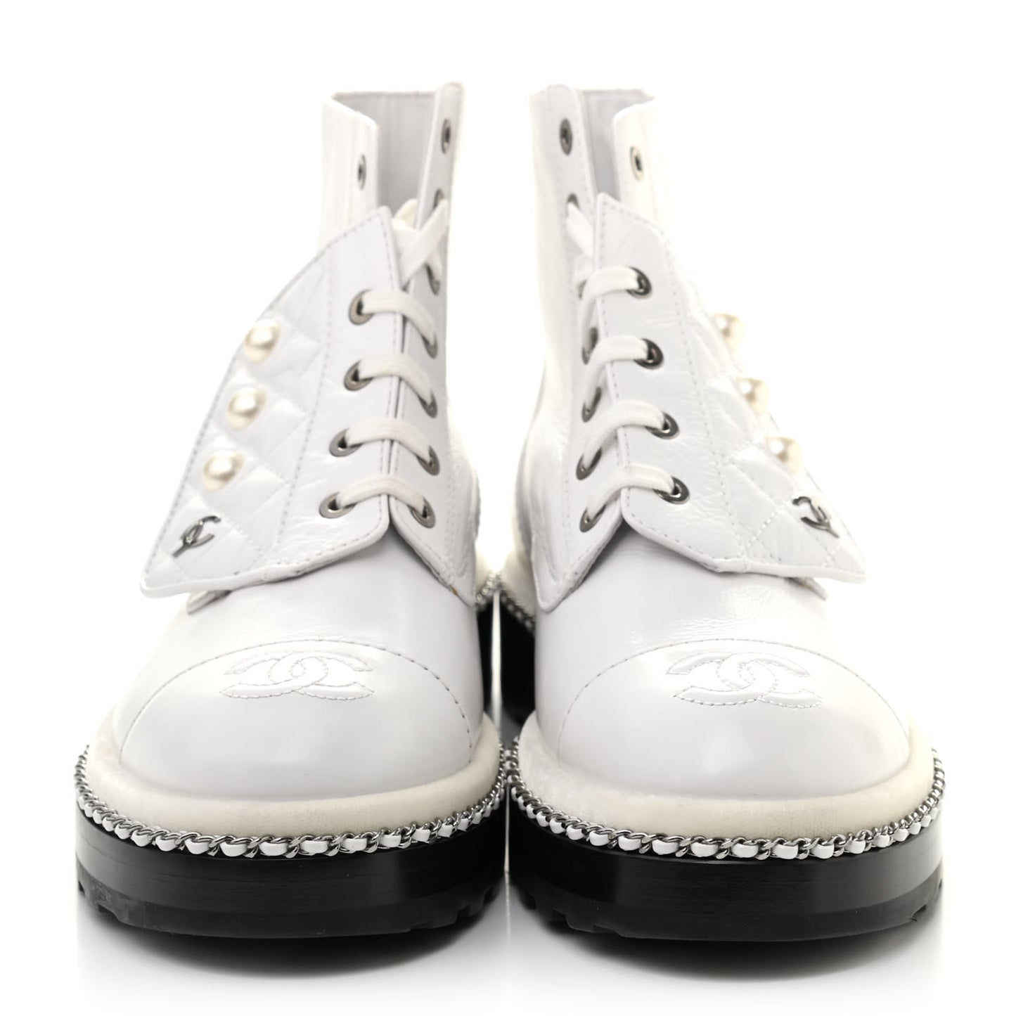 Crackled Calfskin Pearl Chain CC Combat Short Boots 37 White