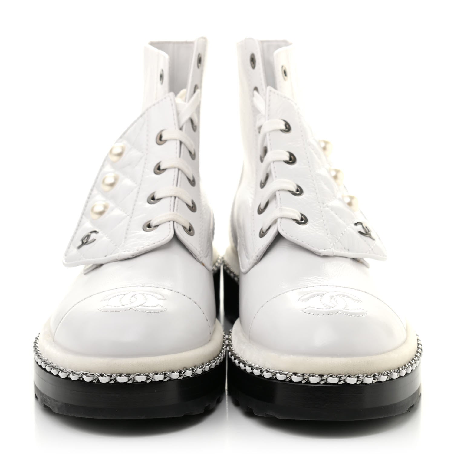 Chanel Crackled Calfskin Pearl Chain CC Combat Short Boots 37 White 2 of 10