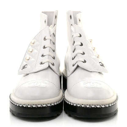 Chanel Crackled Calfskin Pearl Chain CC Combat Short Boots 37 White 2 of 10