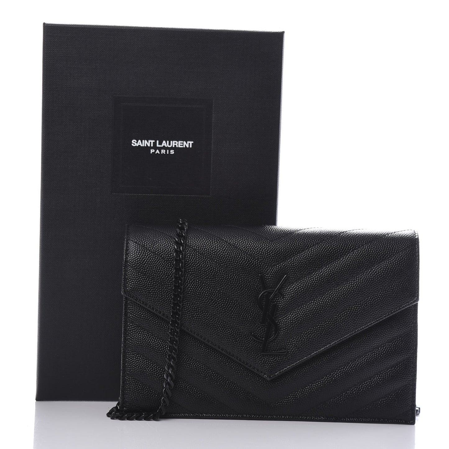 Grain De Poudre Matelasse Chevron Monogram Envelope Chain Wallet Black