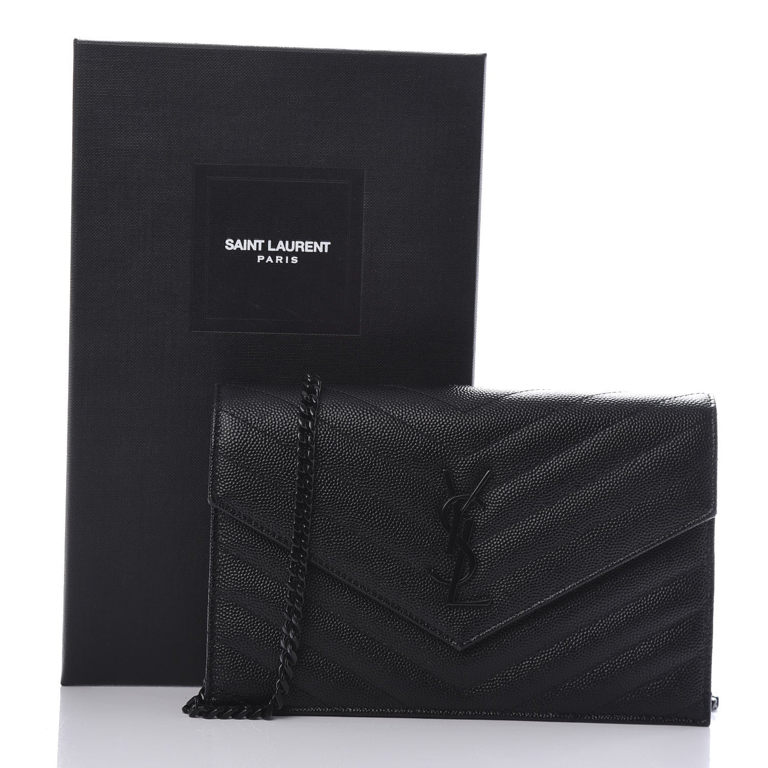 Saint Laurent Grain De Poudre Matelasse Chevron Monogram Envelope Chain Wallet Black 10 of 10