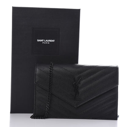 Saint Laurent Grain De Poudre Matelasse Chevron Monogram Envelope Chain Wallet Black 10 of 10
