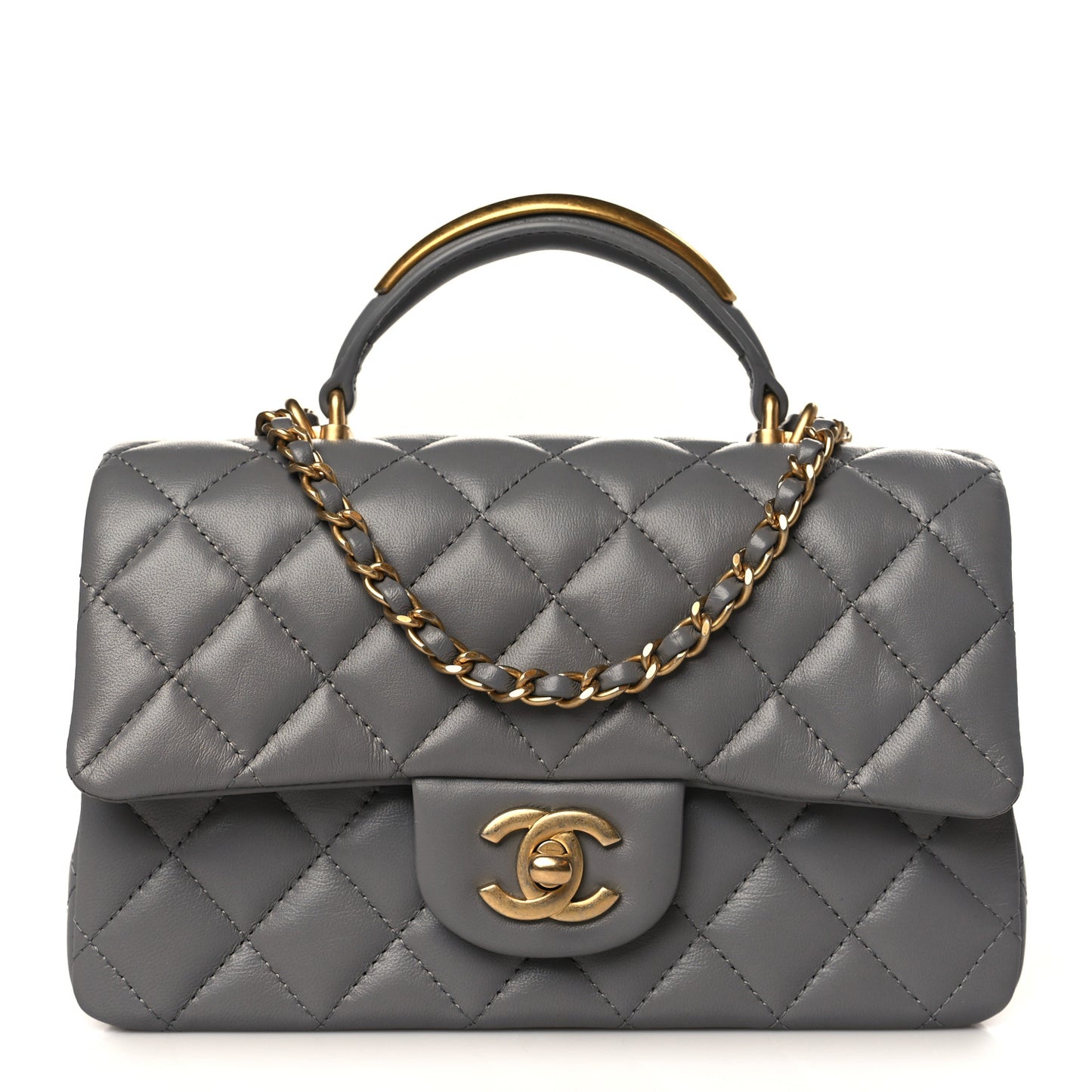 Lambskin Metal Quilted Mini Top Handle Rectangular Flap Grey