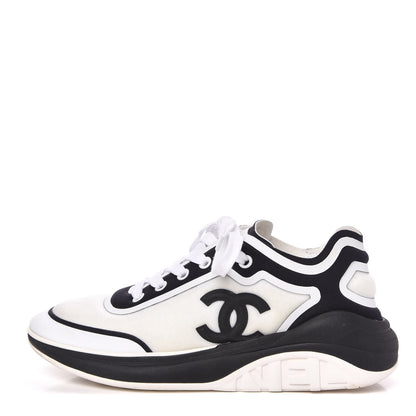 Chanel Nylon Calfskin Suede Womens CC Sneakers 36.5 White Black 1 of 7