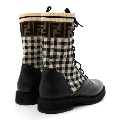 Fendi Vitello Stretch Fabric FF Vichy Rockoko Biker Boots 39 Black Crema Tobacco 5 of 13