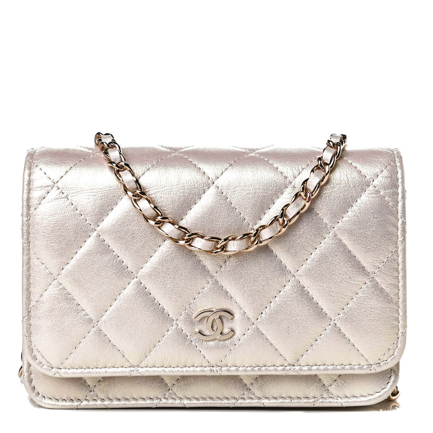 Iridescent Lambskin Quilted Mini Wallet On Chain WOC Ivory