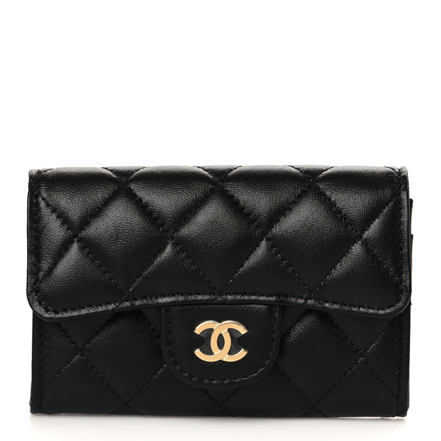 Lambskin Quilted Flap Card Holder Wallet Black