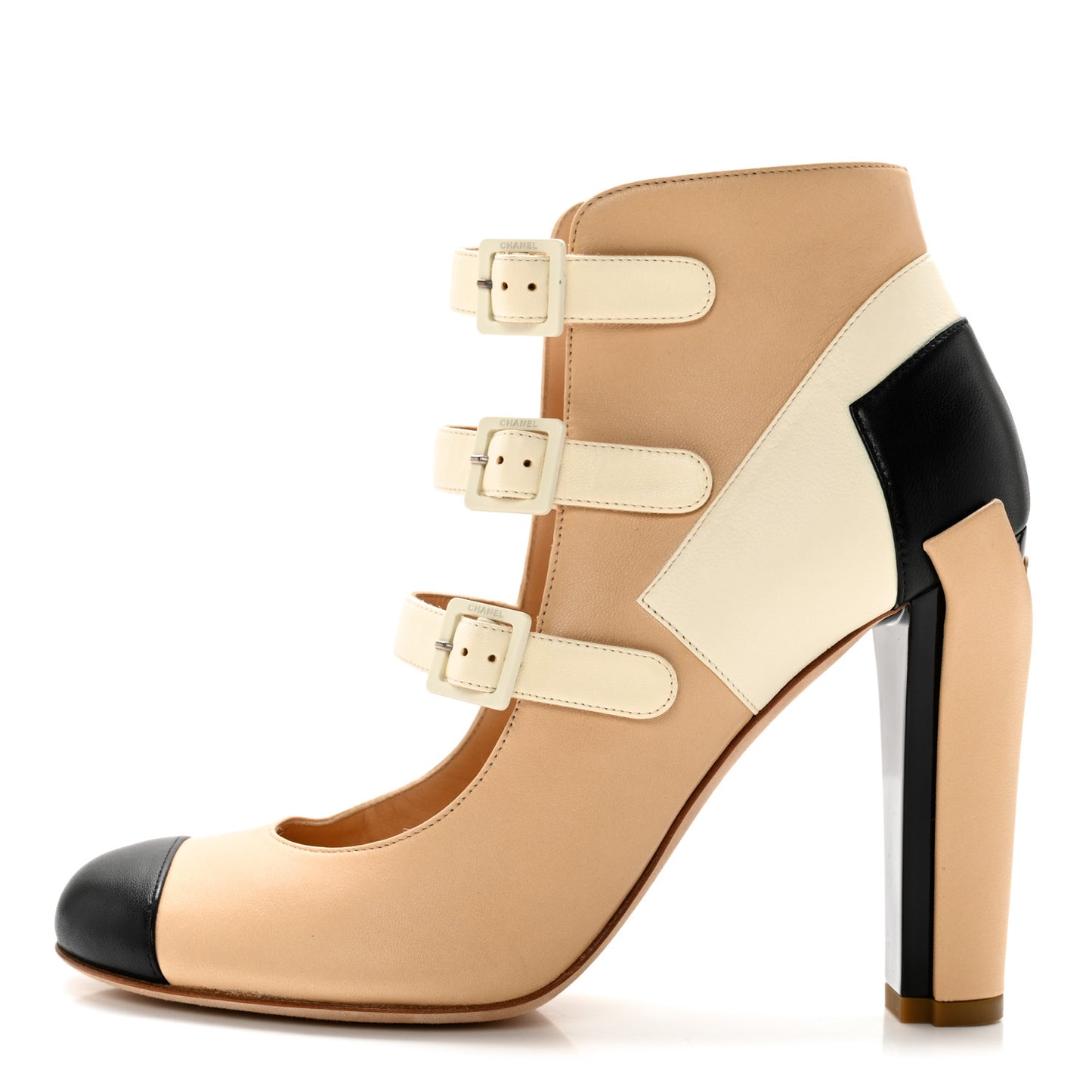 Lambskin Tri Color Cap Toe Mary Jane Pumps 37.5 Beige Black White