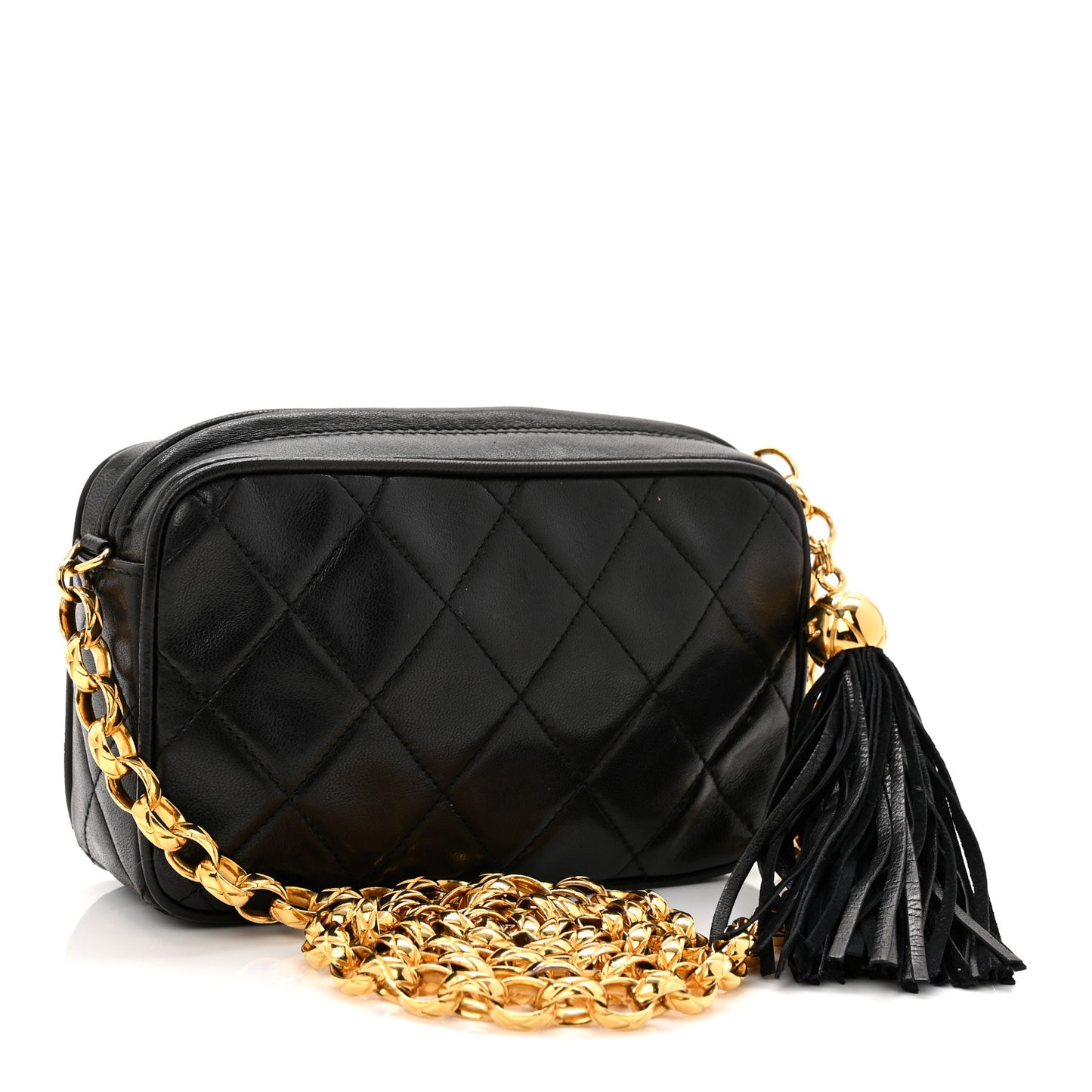 Lambskin Quilted Tassel Camera Case Black