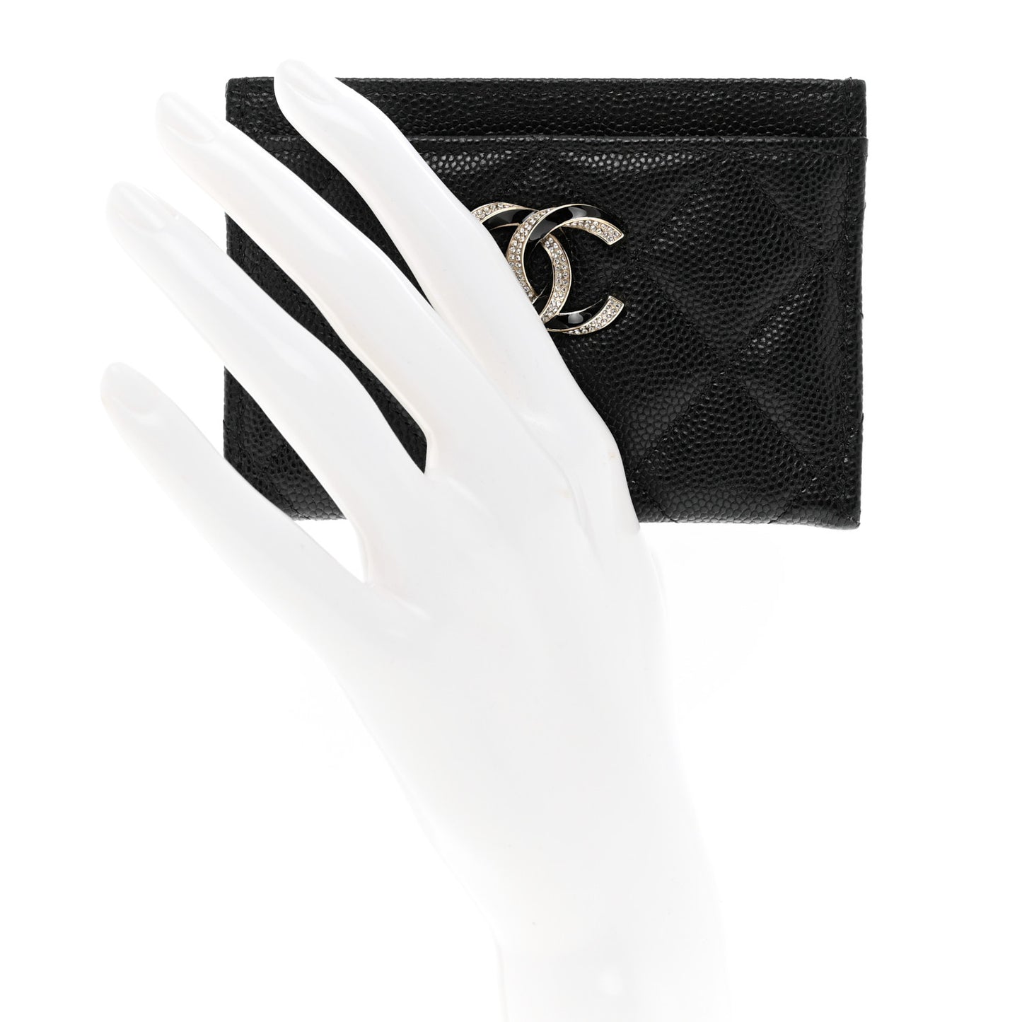Caviar Quilted Crystal Enamel CC Card Holder Black