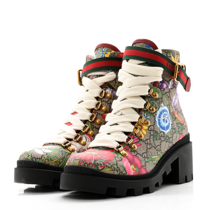 Gucci GG Supreme Monogram Flora Lace Up Combat Ankle Boots 37.5 Beige Multicolor Red 3 of 10