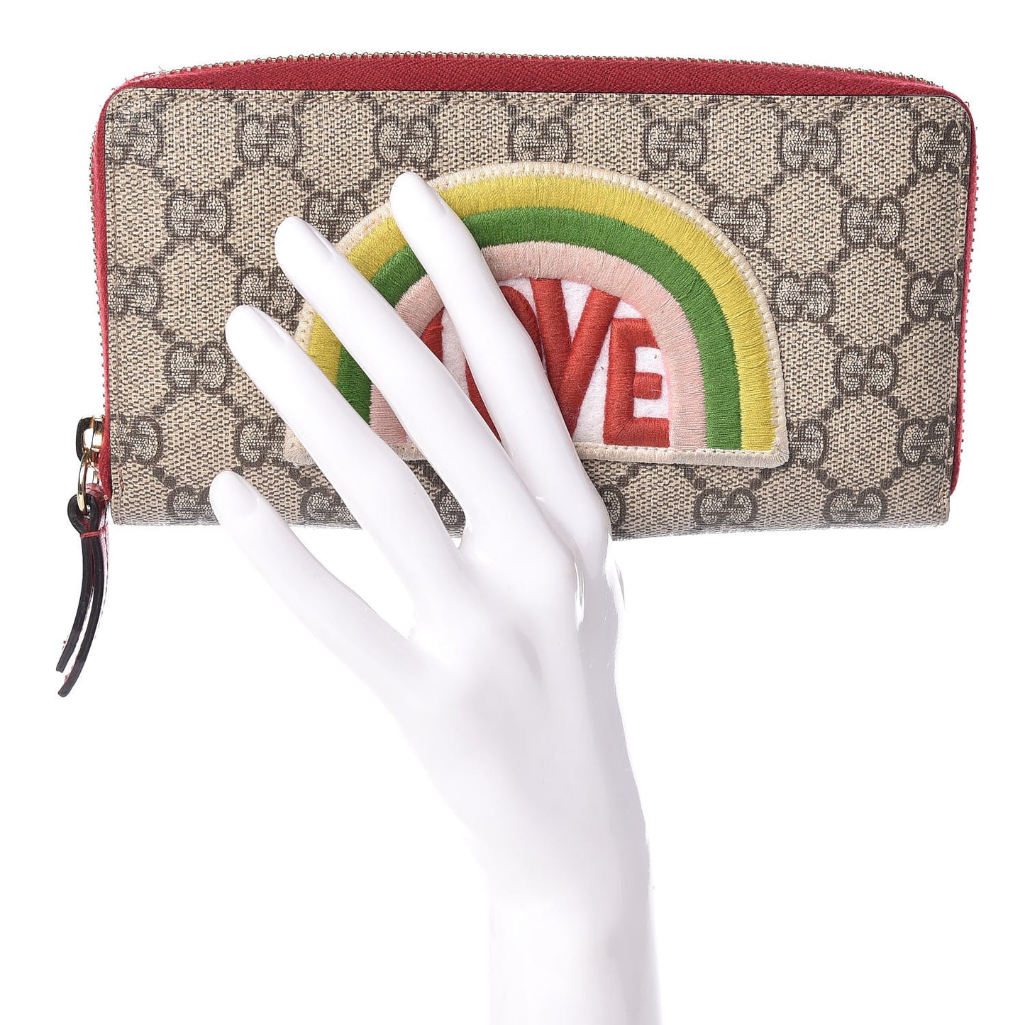 GG Supreme Monogram Embroidered Rainbow Zip Around Wallet Red