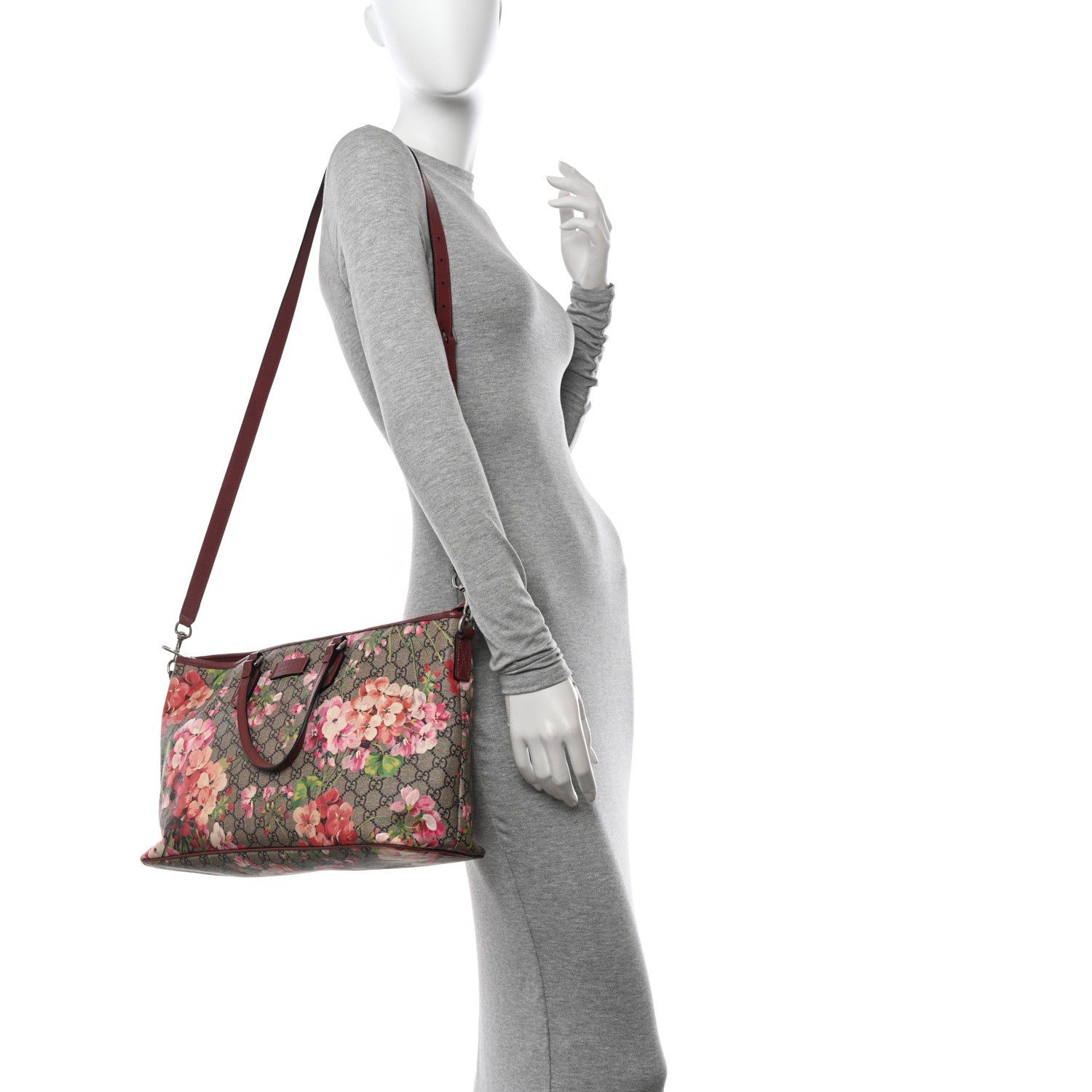 Gucci GG Supreme Monogram Blooms Medium Zippered Tote Beige Multicolor Dry Rose 2 of 12