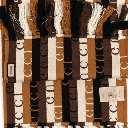 Gucci Wool Cotton Logo Wood Stripes Scarf Light Brown Dark Brown 3 of 3