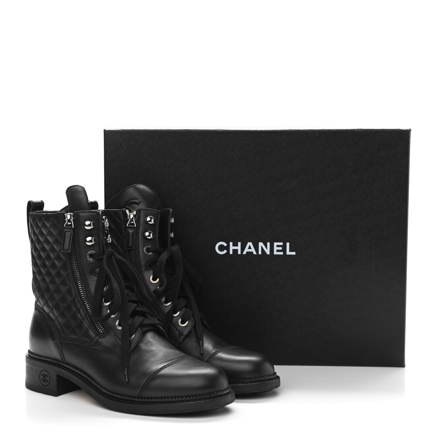 Chanel Calfskin Quilted Lace Up Boots 39 Black 9 of 9