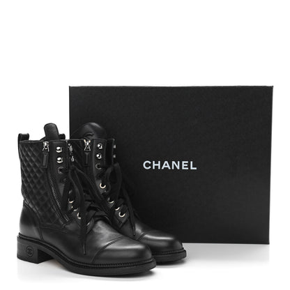 Chanel Calfskin Quilted Lace Up Boots 39 Black 9 of 9
