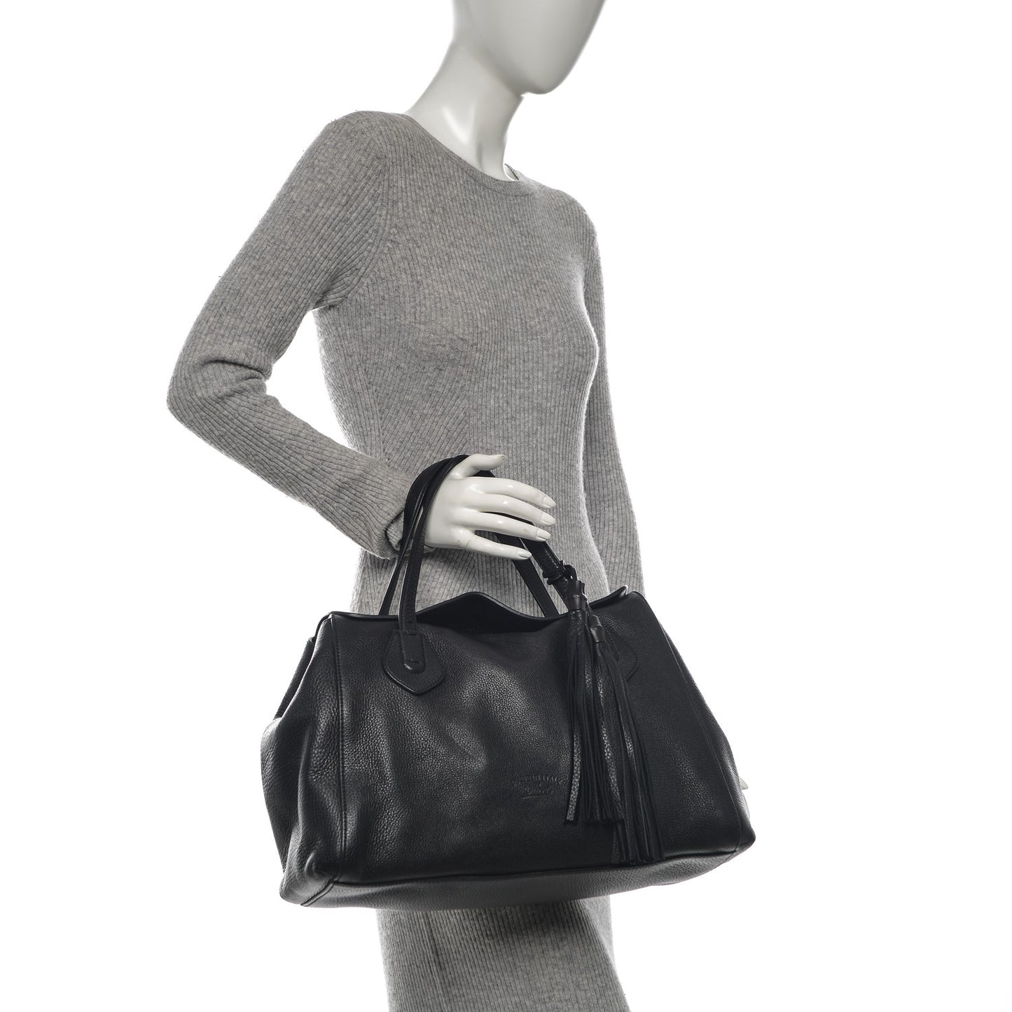 Pebbled Calfskin Lady Tassel Top Handle Bag Black