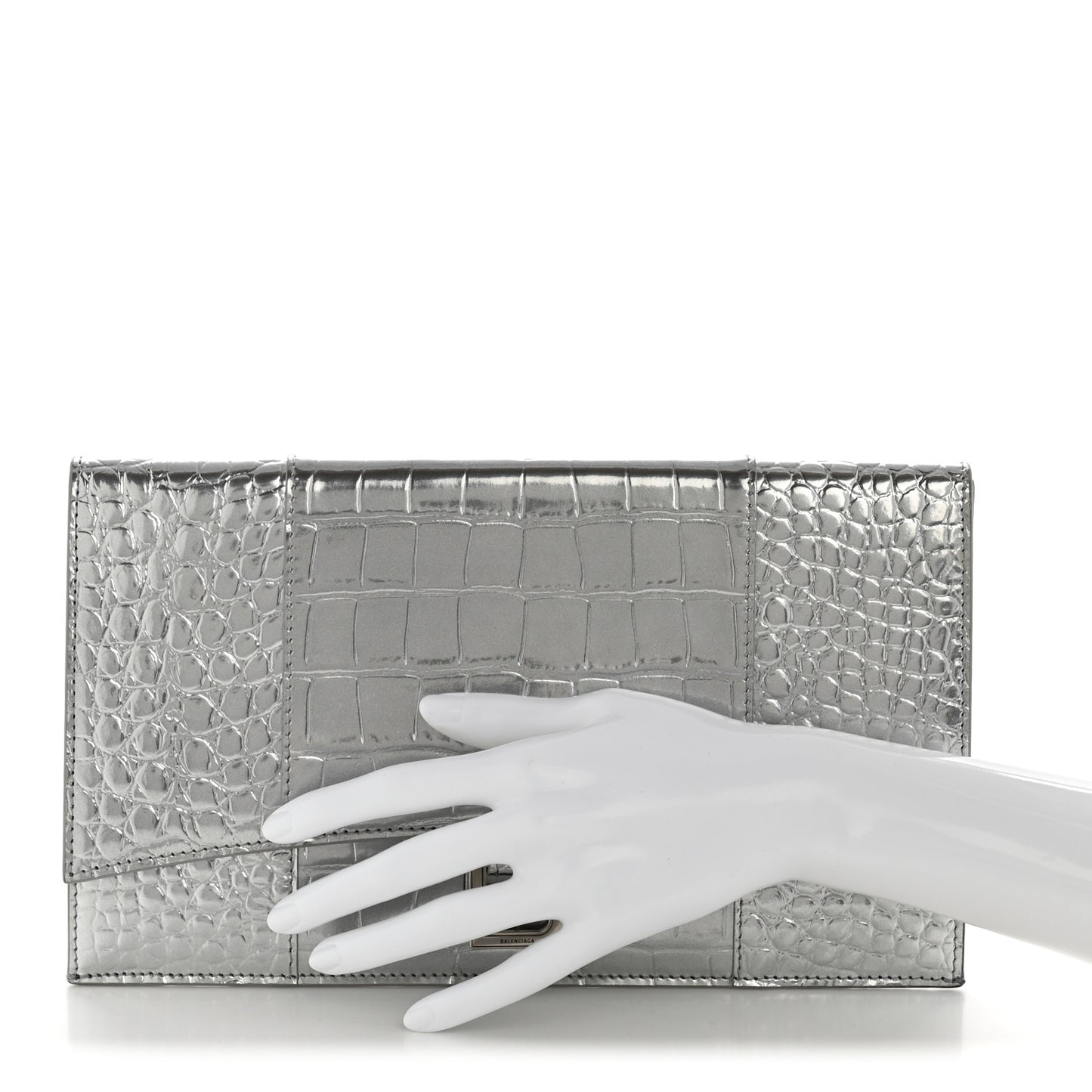 Metallic Calfskin Crocodile Embossed Hourglass Flap Flat Pouch Silver