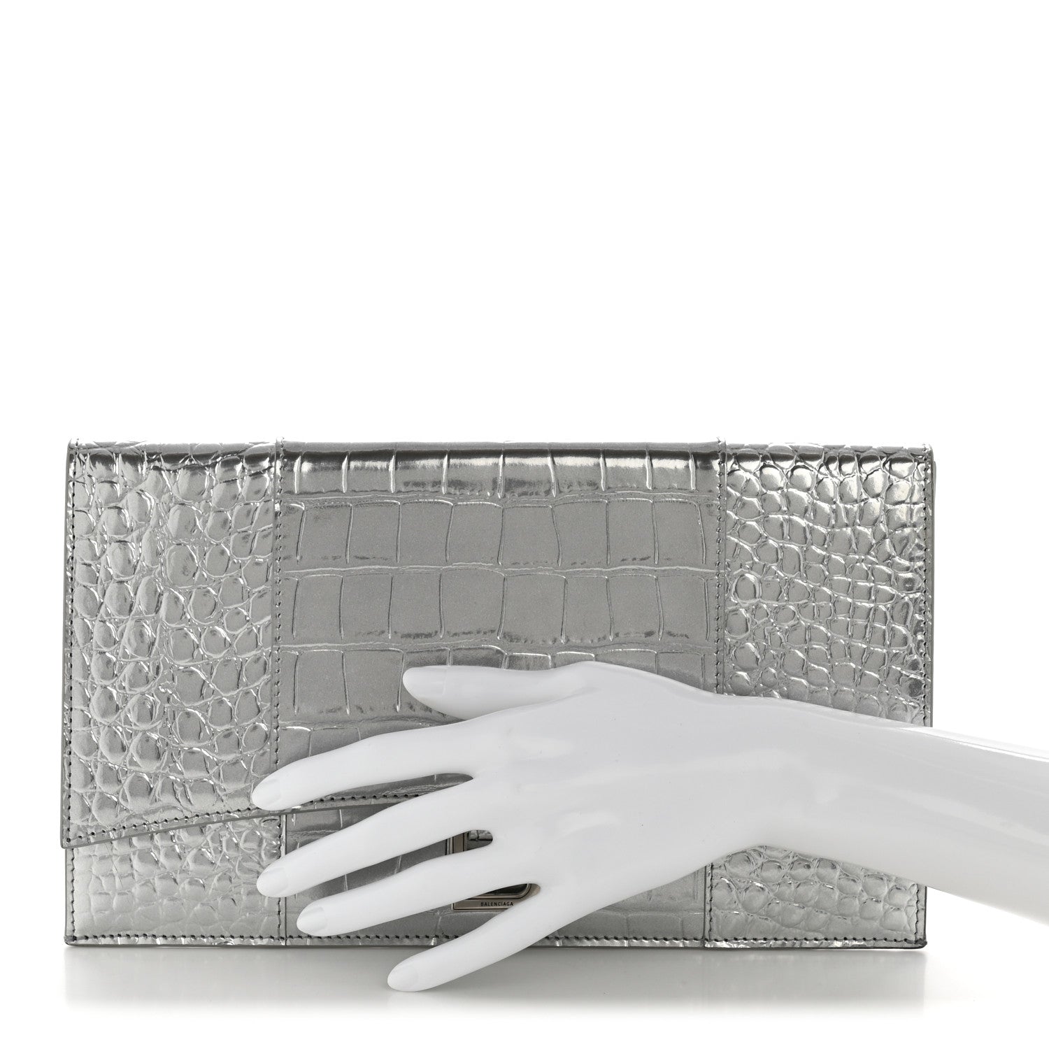 Balenciaga Metallic Calfskin Crocodile Embossed Hourglass Flap Flat Pouch Silver 2 of 15