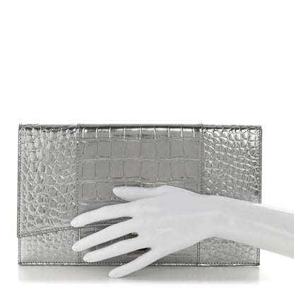 Balenciaga Metallic Calfskin Crocodile Embossed Hourglass Flap Flat Pouch Silver 2 of 15