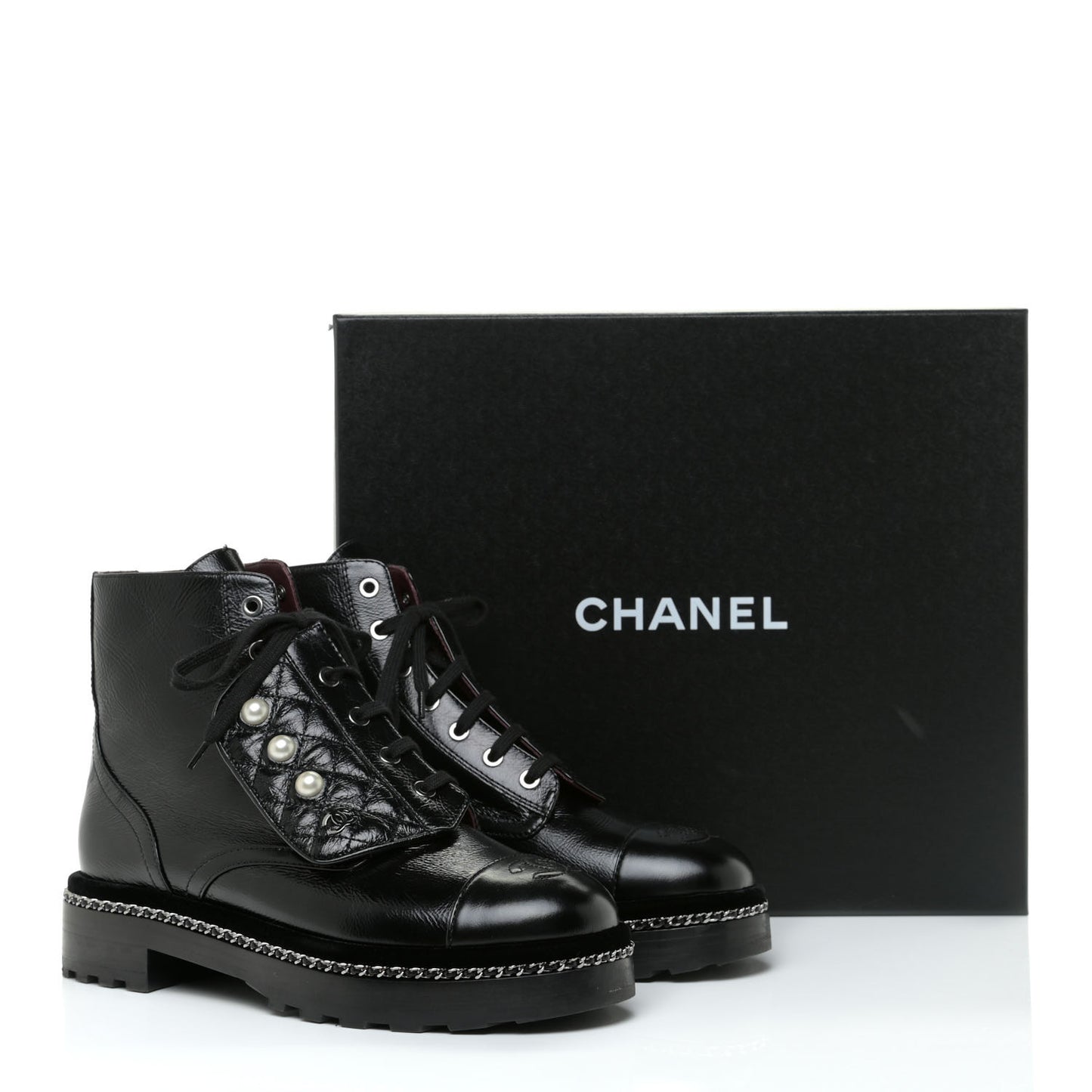 Crackled Calfskin Velvet Pearl Combat Short Boots 39 Black