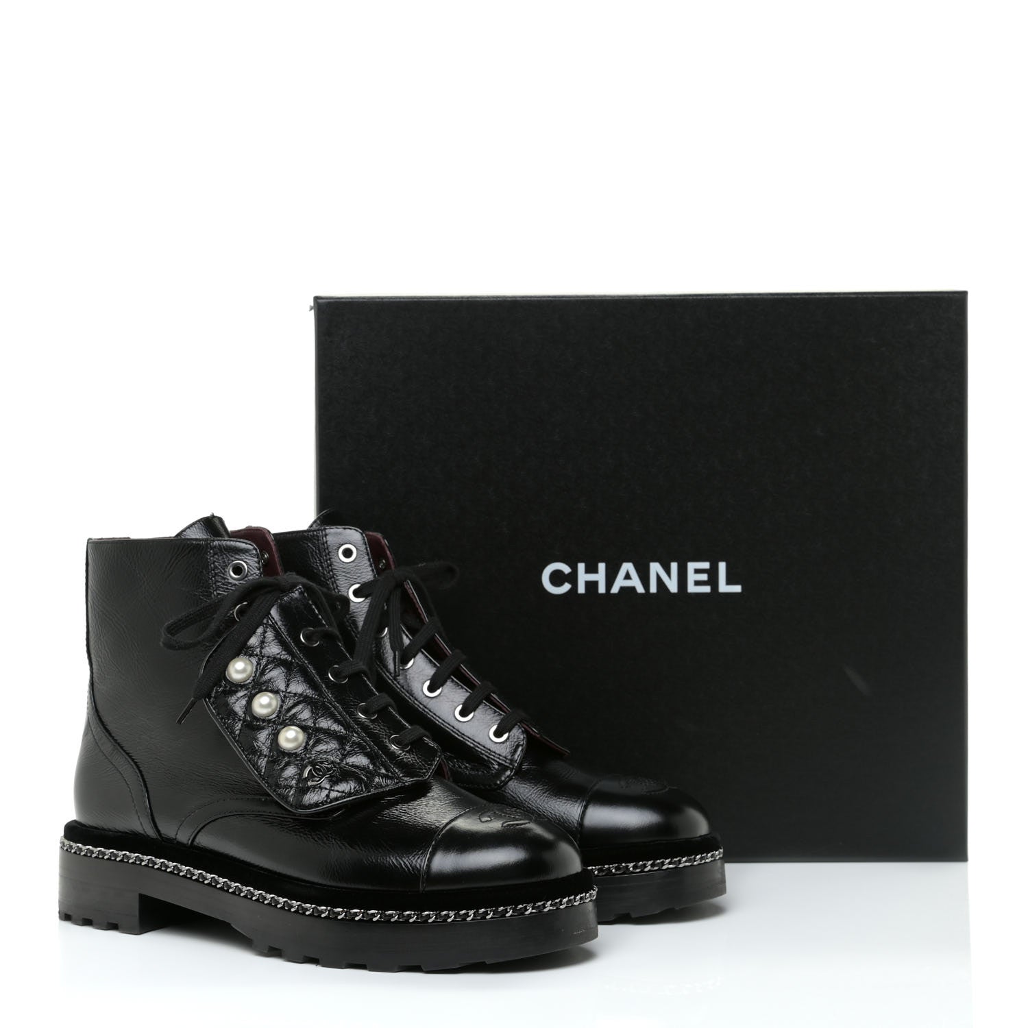 Chanel Crackled Calfskin Velvet Pearl Combat Short Boots 39 Black 12 of 19