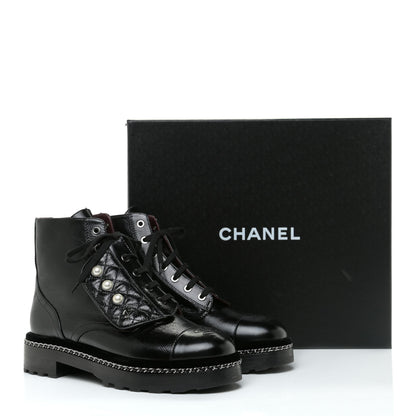Chanel Crackled Calfskin Velvet Pearl Combat Short Boots 39 Black 12 of 19
