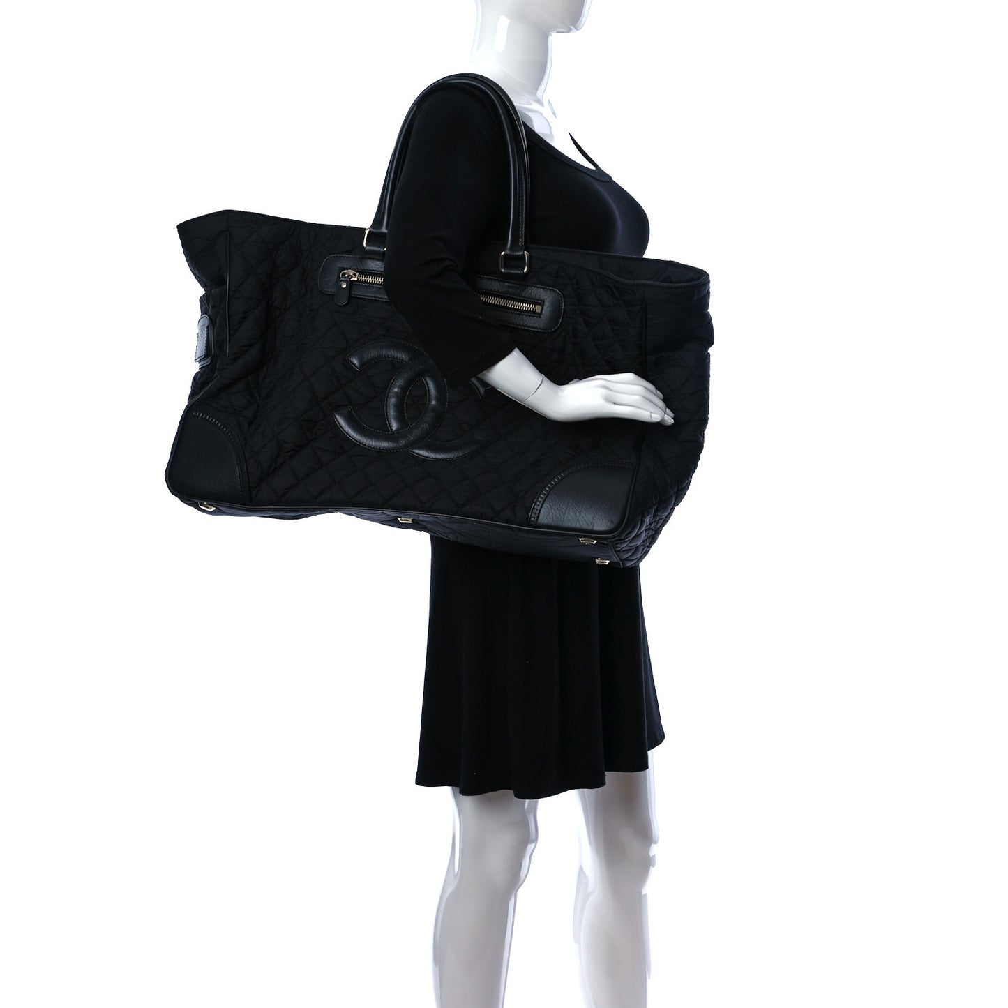 Nylon Quilted Calfskin Large CC Tote Bag Black